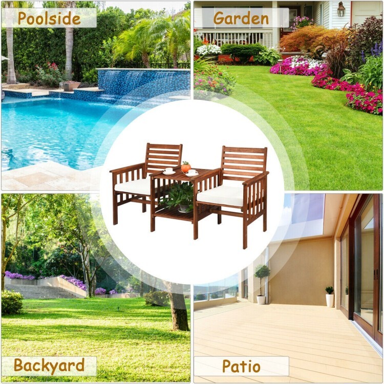 3PCS Outdoor Patio Cushion Furniture Acacia Wood Chair Coffee Table Set Backyard