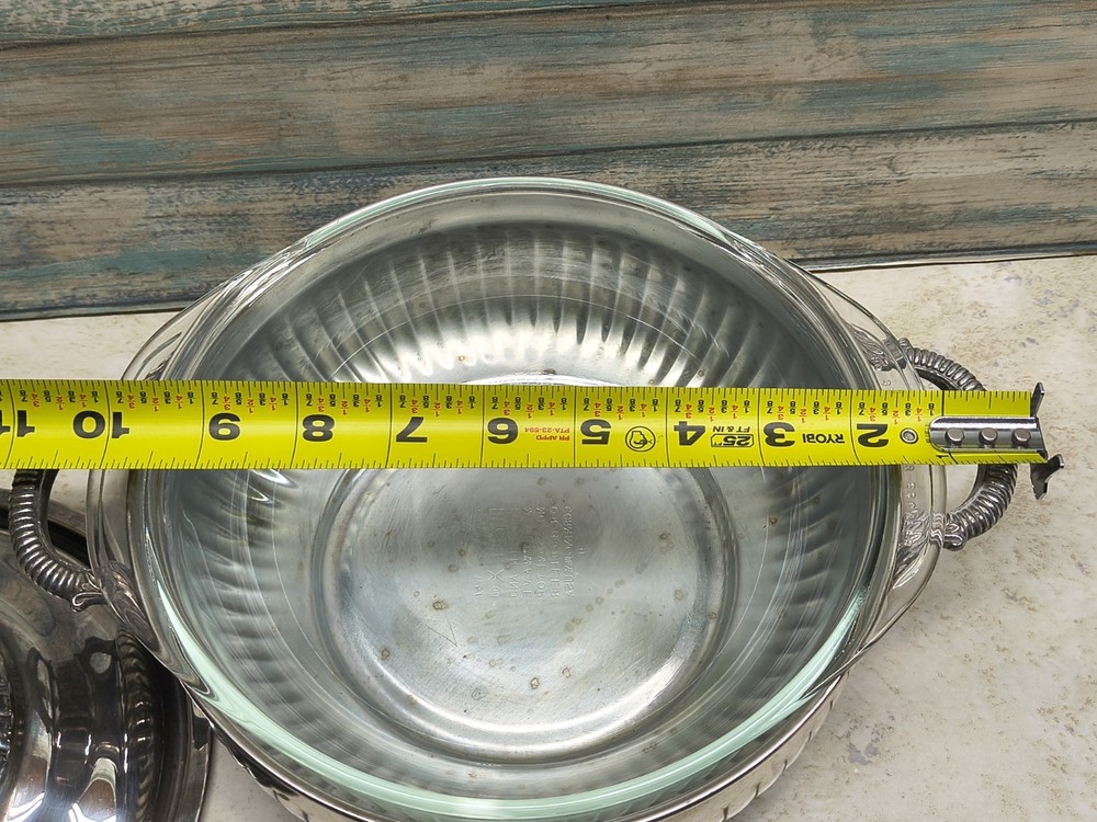 Silverplate round foote casserole dish with original Pyrex liner