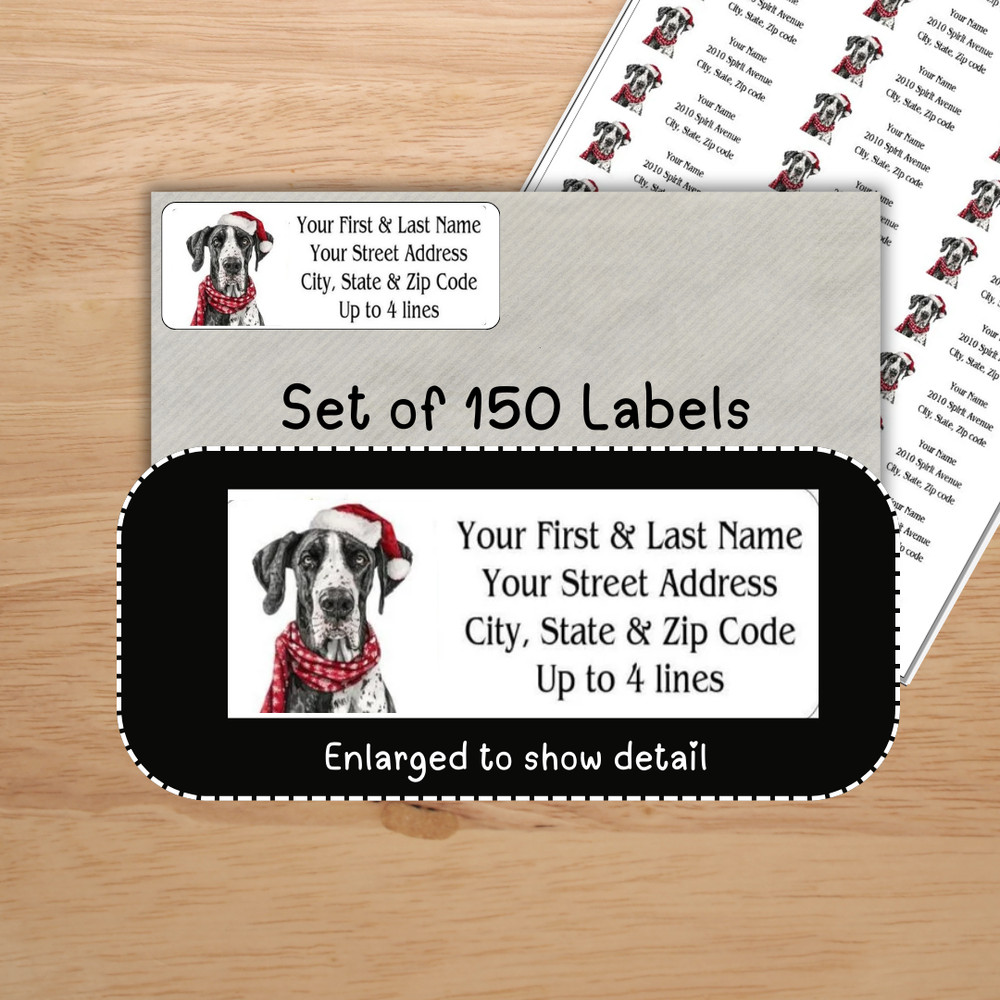 150  Great Dane Dog Christmas Hat  Mailing Return Address Labels