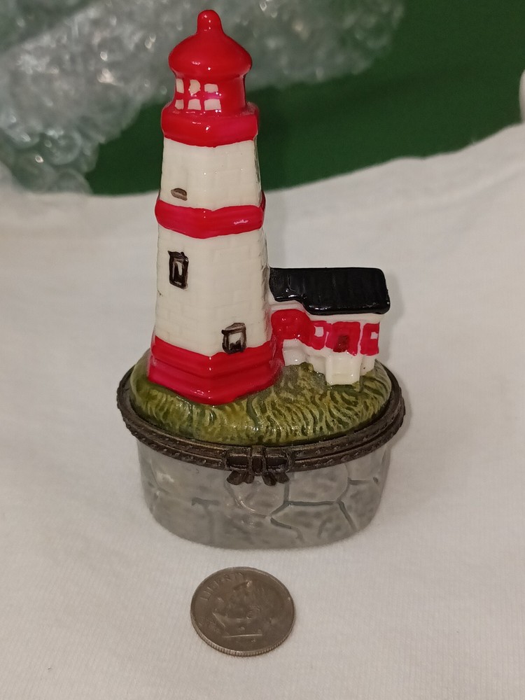 Lighthouse Hinged Trinket Hidden Box Ceramic Red White