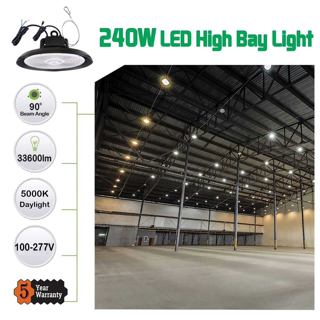 240 Watts UFO LED Light High Bay 5000K Warehouse Industrial Lighting AC 100-277V