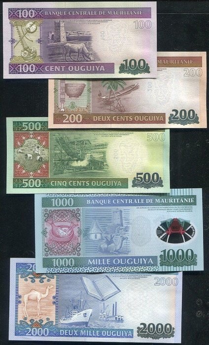 Mauritania 5 notes set ，100-2000 OUG.,2011-15 UNC