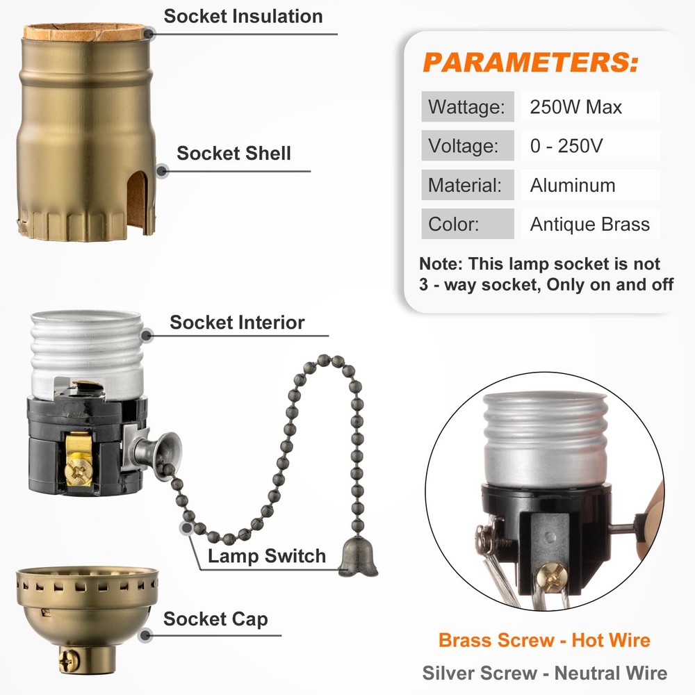 Pull Chain Lamp Socket Replacement, E26 Standard Threaded Base, Antique Brass