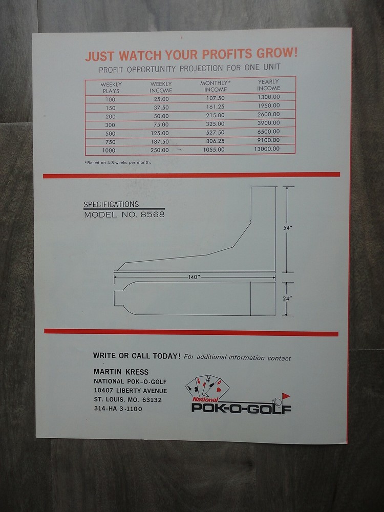 Pok-O-Golf Arcade Machine Flyer Original Brochure