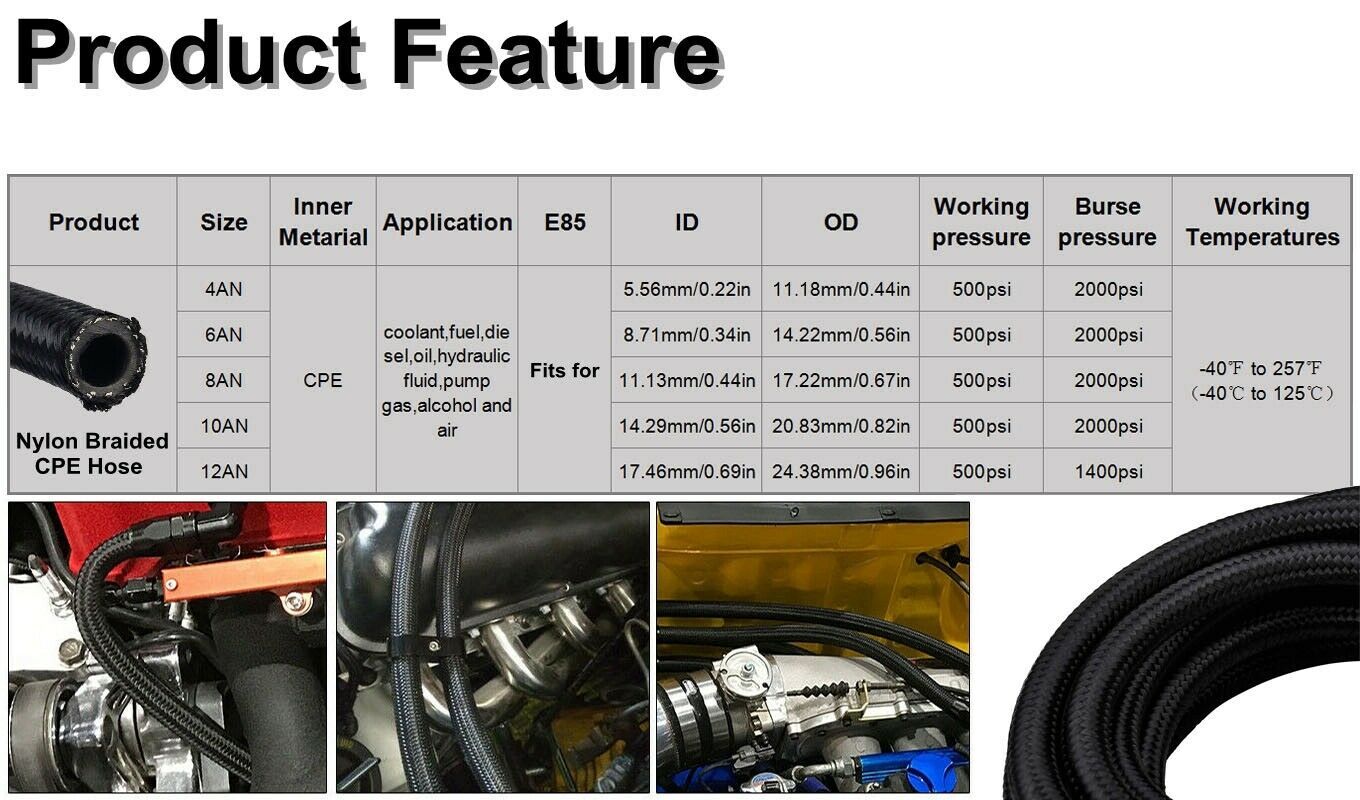 6 8 10AN Nylon Braided Fuel Line Hose Fuel Line Oil Feed Line CPE 20 10FT Black