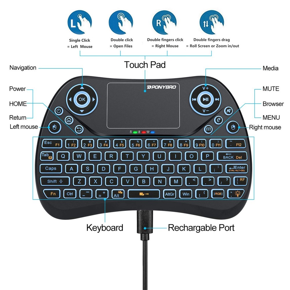 PONYBRO (Newest Version) Backlit Mini Wireless Keyboard with Touchpad Mouse