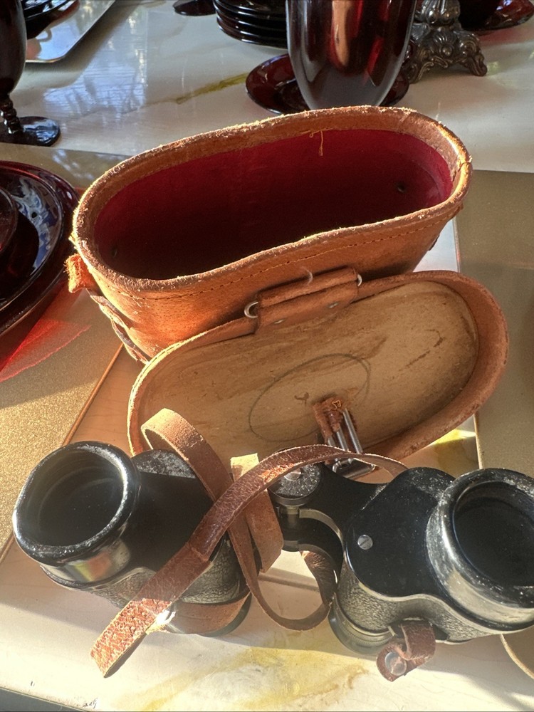 Vintage Brown Leather Binocular Case, Red Lining With Binoculars