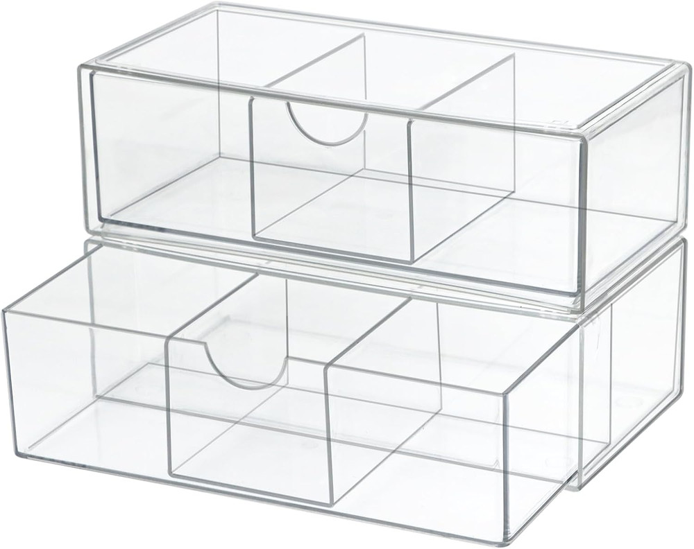 Set of 2 Stackable Storage Drawers - 7.8" Clear Plastic Drawer Storage, Acrylic