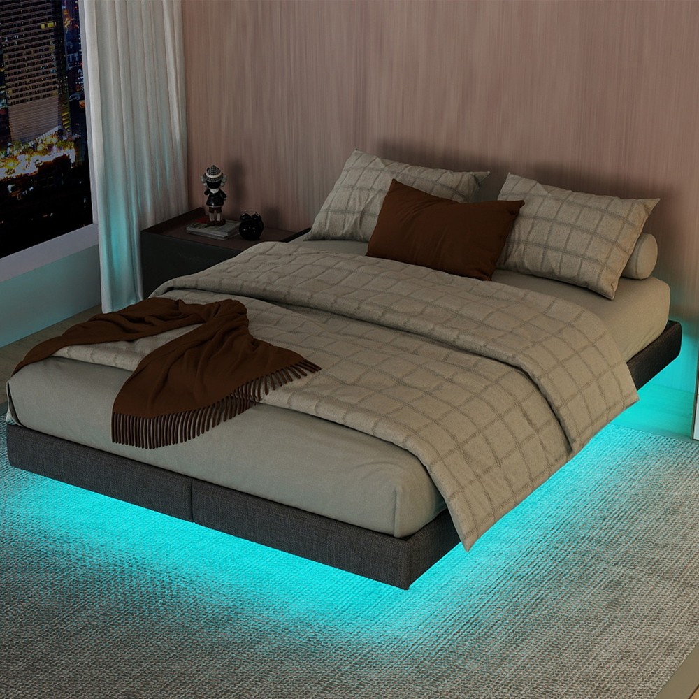 King Floating Bed Frame with LED Lights & Under Bed Storage No Box Spring Needed