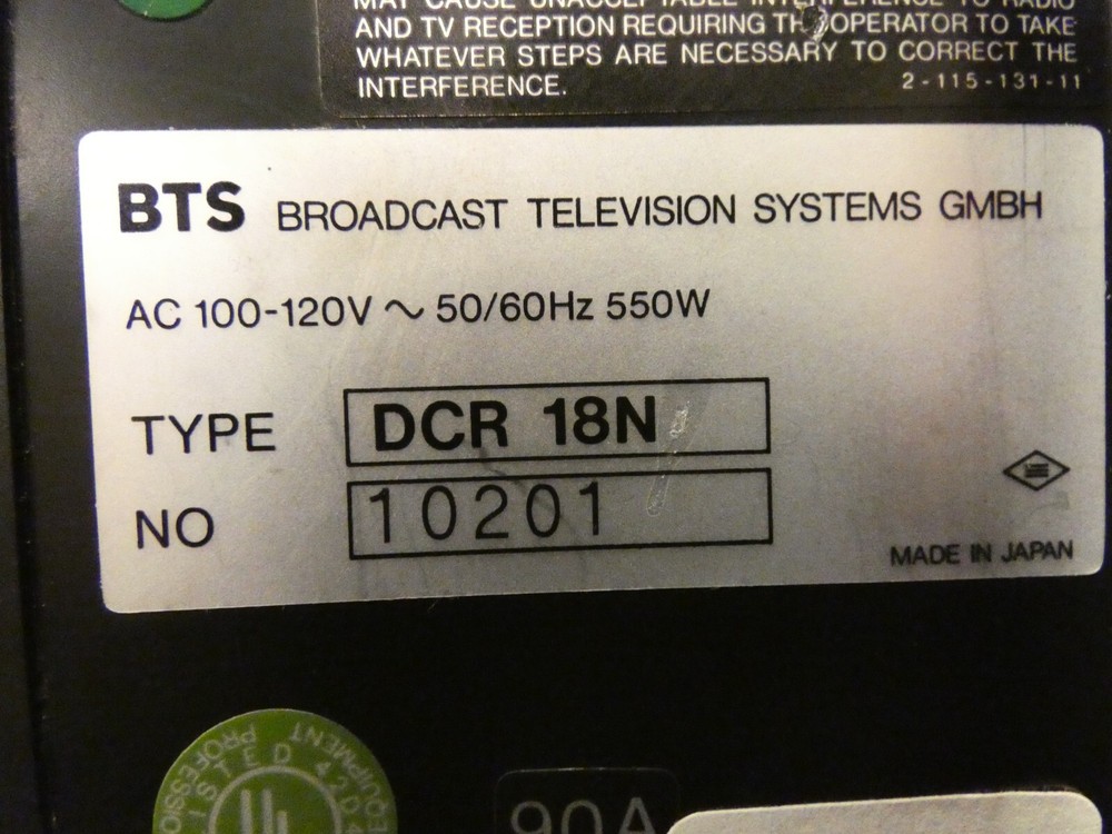 BTS DCR-18N D-2 Composite Digital Widemouth D2 Machine Sony DVR-18