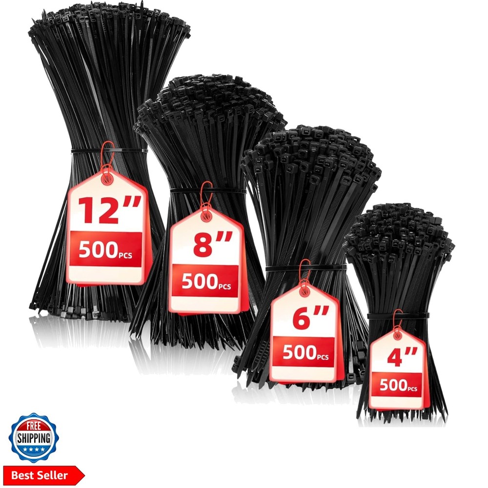 Zip Ties Assorted Sizes4”+6”+8”+12”, 2000 Pack,Black Cable Ties,Multi-Purpose...