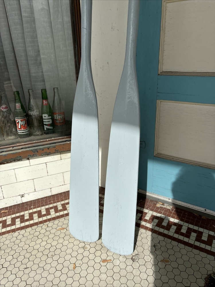 Antique Rowboat Oars Solid Ash Painted Gray 84” With Oar Locks