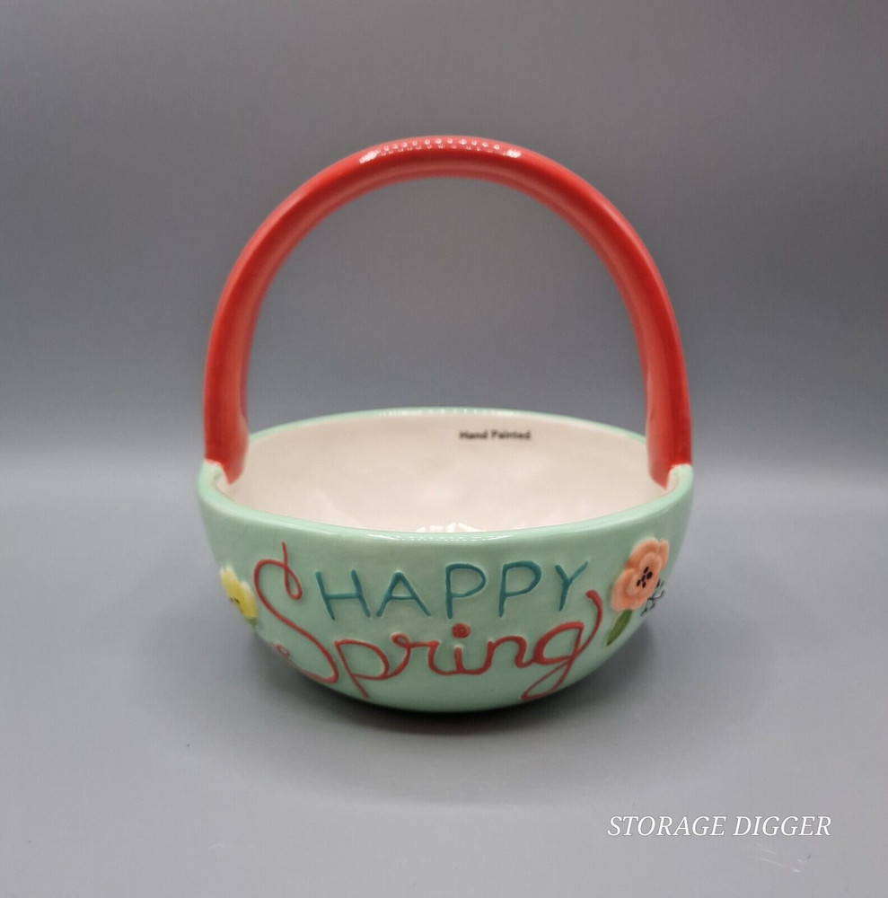 Celebrate Easter Together "Happy Spring" Ceramic Hand Painted Basket With Handle