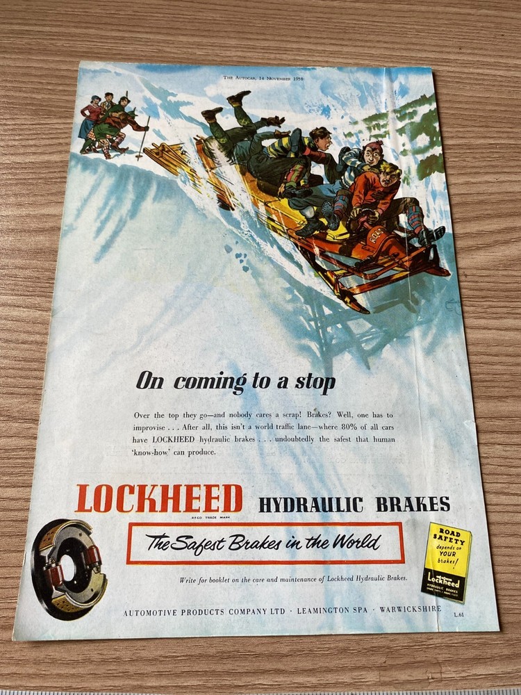 Lockheed Hydraulic Brakes Vintage 1958 Print Advertisement: Bobsled Scene