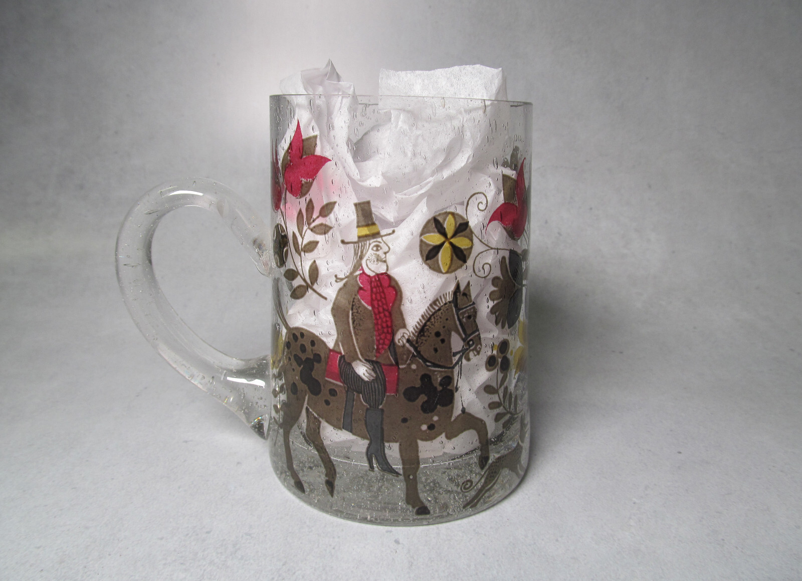 Hand Blown Glass Tankard with Men on Horseback Design Used