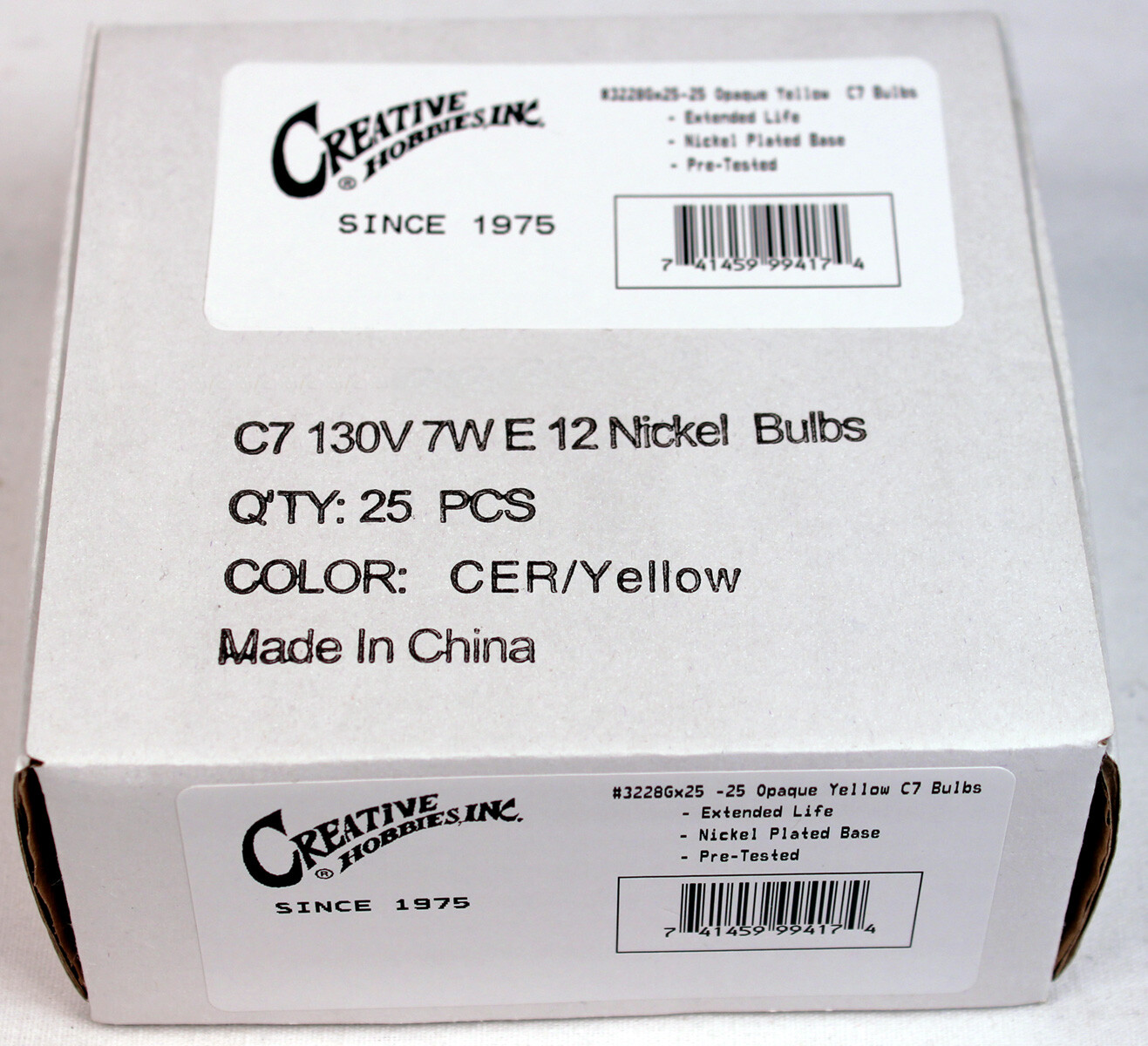 Box of 25 Light Bulbs - C7, Steady Burning- Opaque Yellow- 7 Watt, Nickel Plated