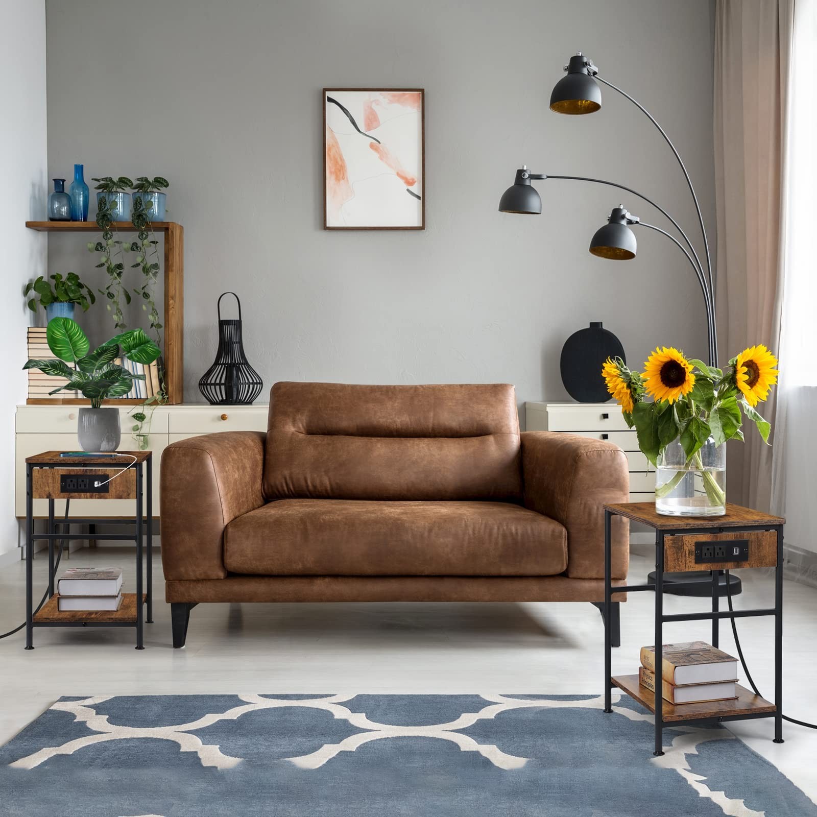 MOOACE Nightstands Set of 2, End Table with Charging Station, 2 Tier Narrow S...