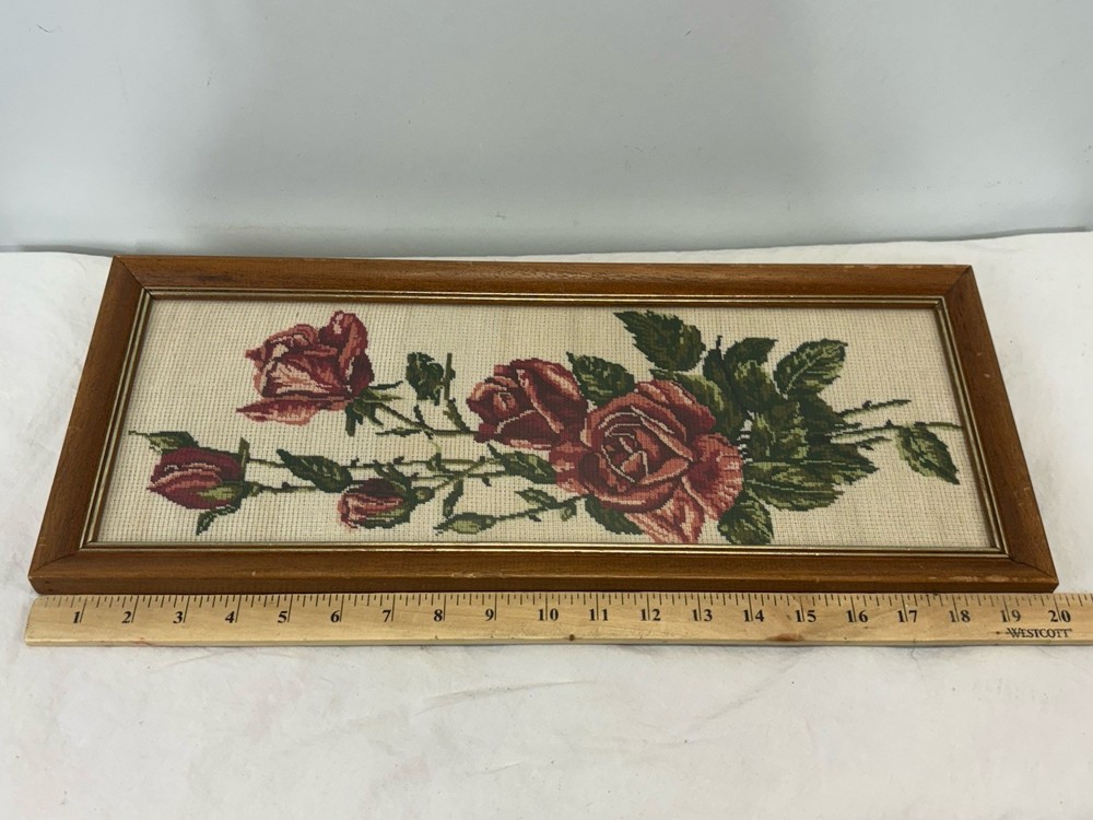 Vtg Framed Floral Roses Needlework Art Rectangular Gallery Wall Kitschy