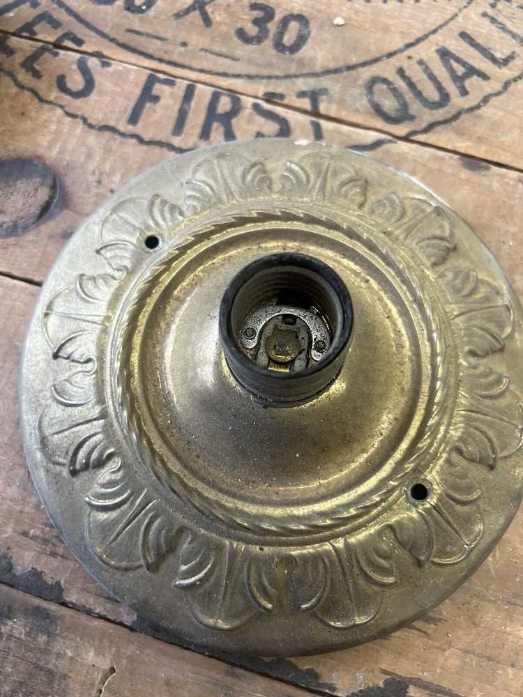 1920s Brass Flush Mounted Williamson? Ceiling Light Salvage Floral Pattern