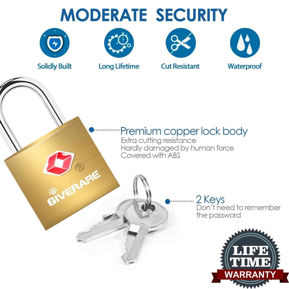 4 Pack TSA Approved Travel Luggage Locks with Keys, Solid Brass Copper Keyed