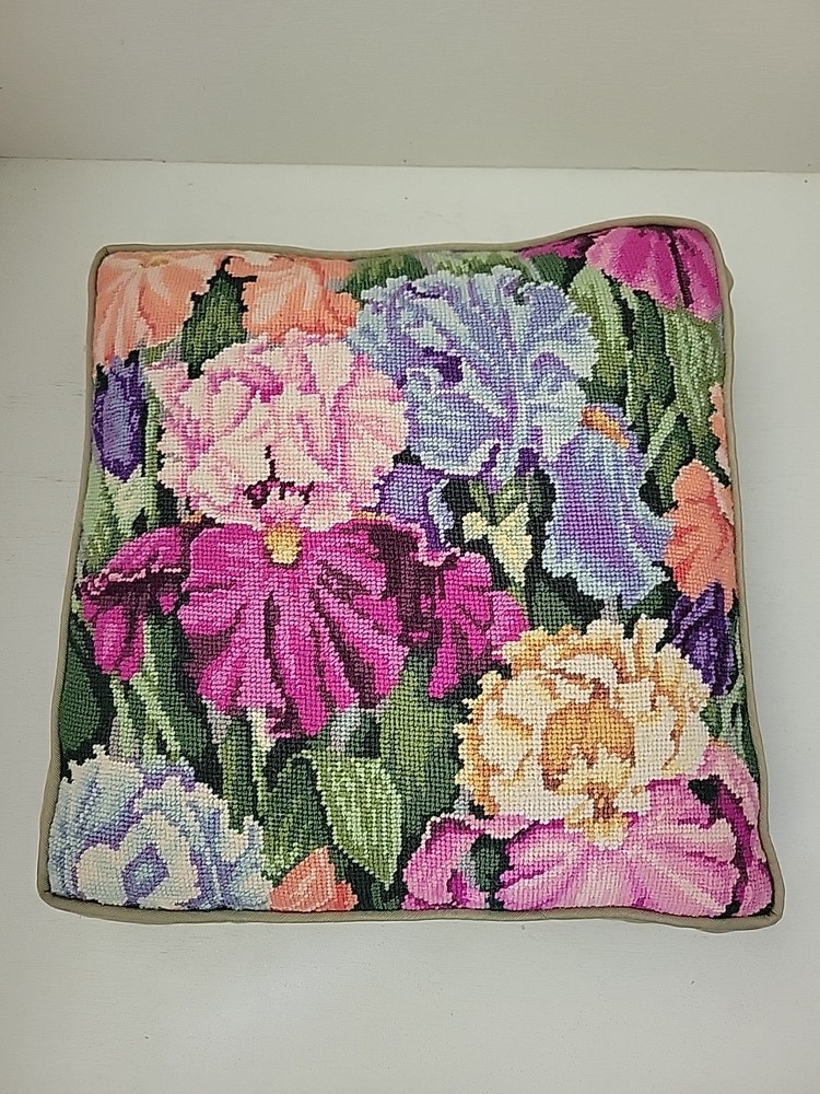 Vintage Needlepoint Pillow Iris Green Square