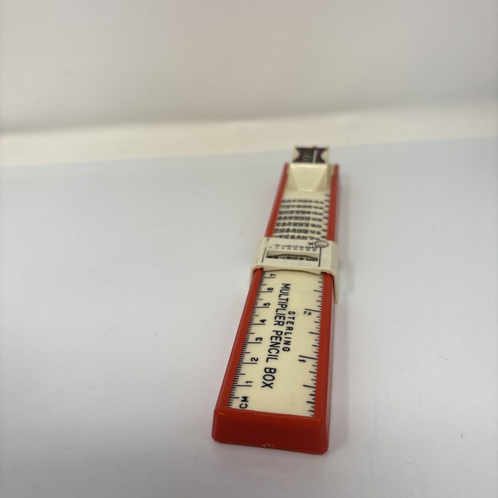 Vintage Sterling Multiplier Pencil Box, Sharpener & Ruler, Red And White 7 5/8"