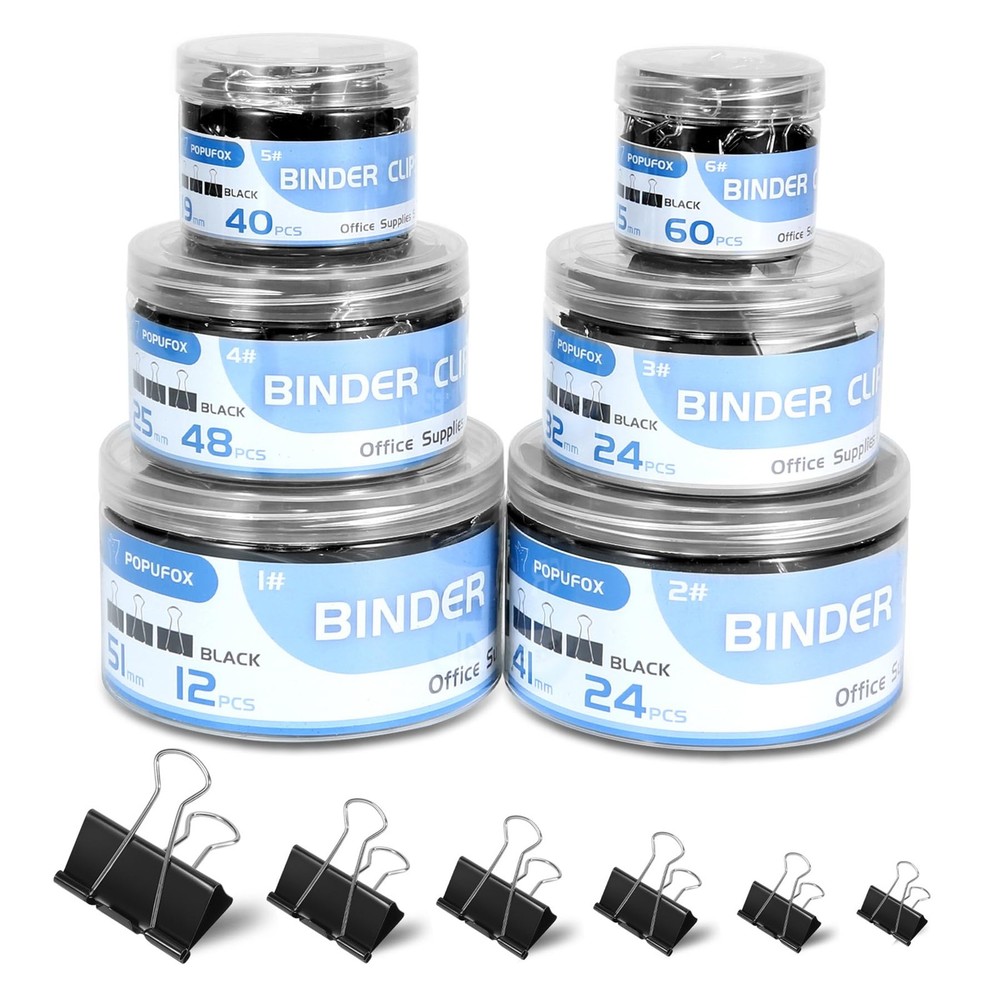 Assorted sizes of binder clips, including extra large, medium, small, mini