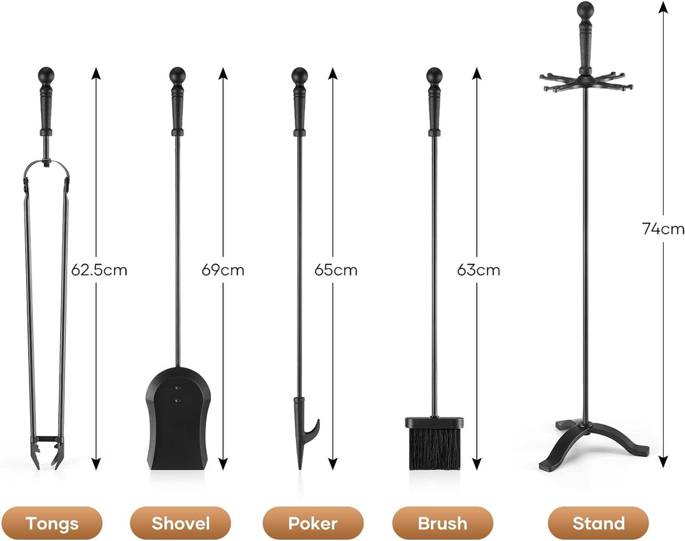 OGL 5 Pcs Fireplace Tools Sets, Firepit Poker Toolset with Accessories Include T