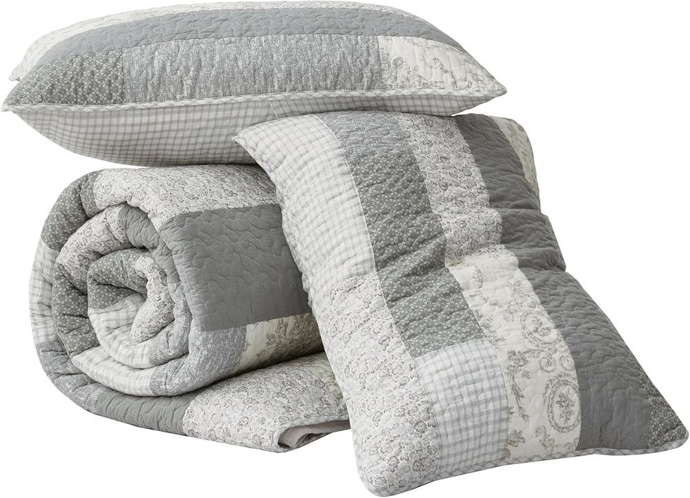 Caleb 3-Piece Muted Gray White Ivory Floral Plaid Rectangular Patchwork Quilt Se