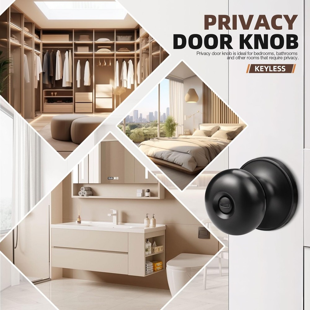 GOBEKOR 5 Pack Matte Black Privacy Door Knobs Stainless Steel Keyless Interio...