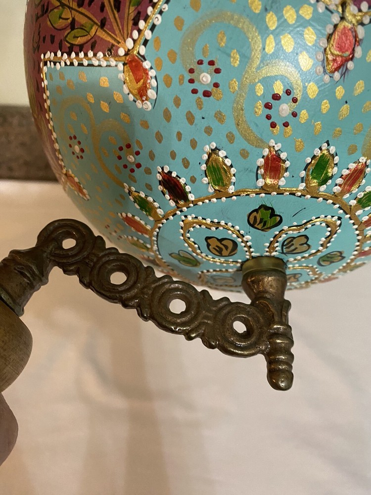 Decorative Hand Painted Globe On Wooden Base Multi Colored 15" Does Turn