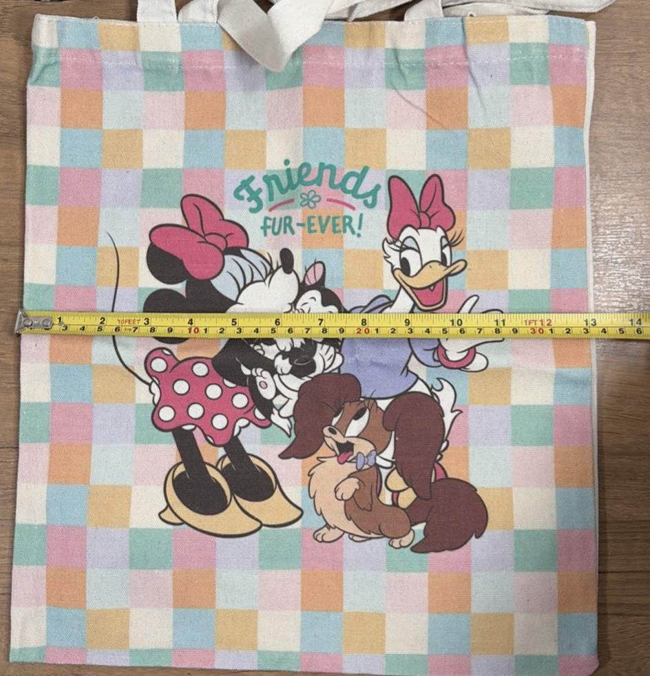 Disney Mickey and Friends Cute Picnic Canvas Tote Bag Pastel Checkered Pattern