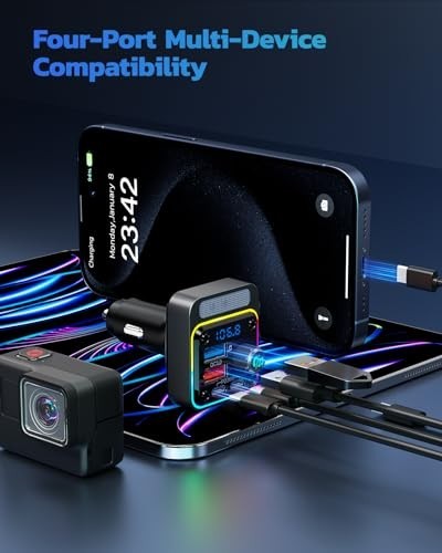 54W Bluetooth 5.3 Car Charger Adapter, 4-Port Fast Charging, FM Transmitter, Dee