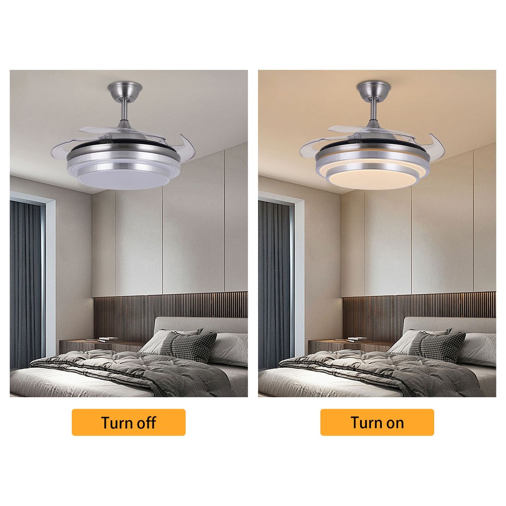 42" Retractable Ceiling Fan Lamp Dimmable LED Chandelier w/ Light Remote Control