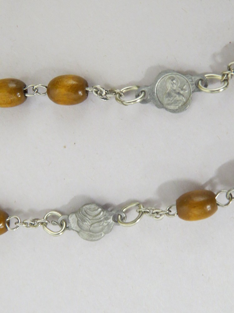 VTG Catholic St. Therese Ex Indumentis Wood Bead Five Decade Rosary