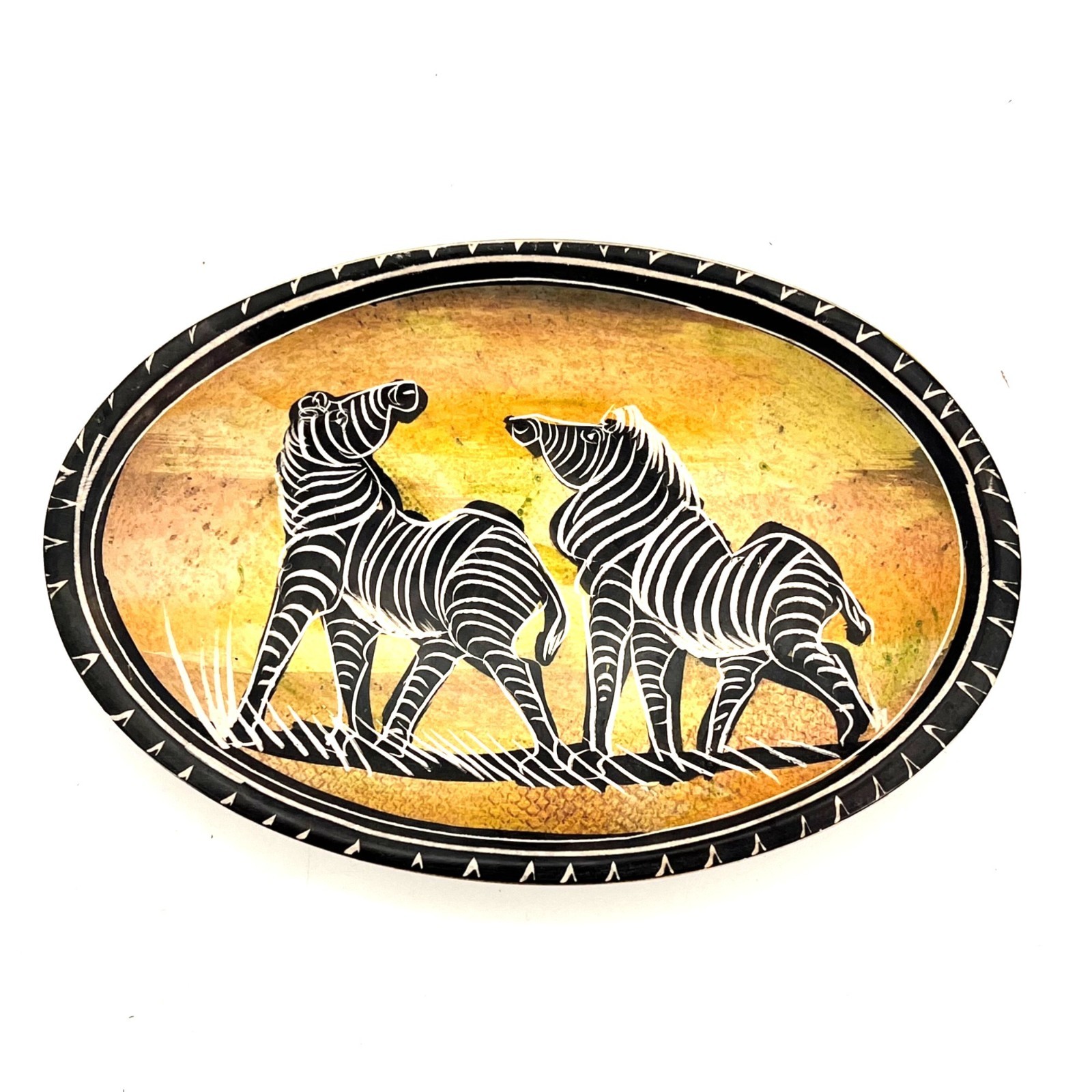 Zebra Oval Trinket Dish Hand Carved Painted Wood Africa Safari Theme Home Decor