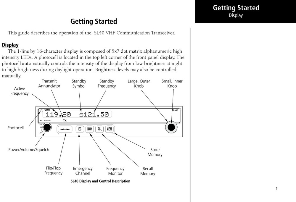 Garmin SL40 VHF Comm Pilot's Guide OWNER'S MANUAL