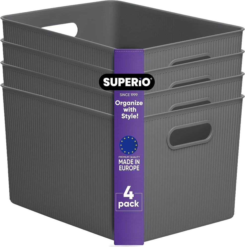 Superio 22L Large Ribbed Storage Bin- Plastic Storage Bin  (4 Pack, Grey)