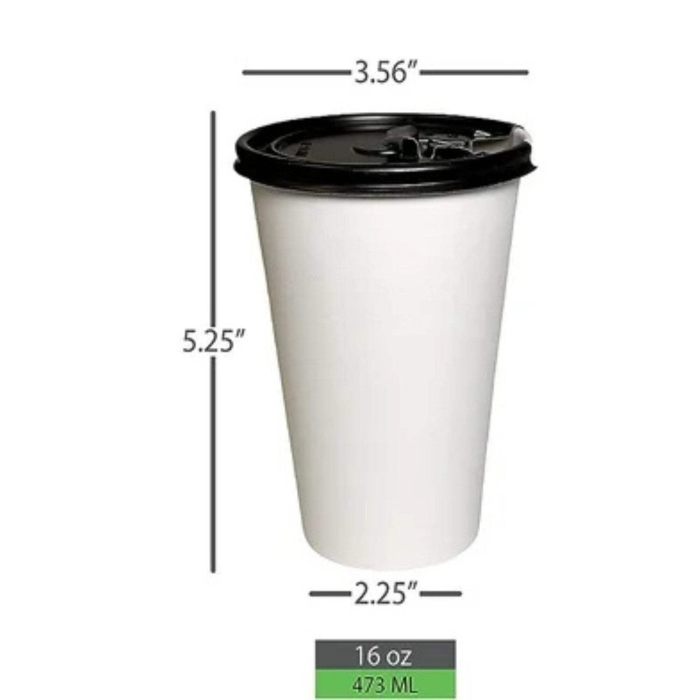 12oz White Poly Paper Hot Cups with Black Lids: 6 Pack