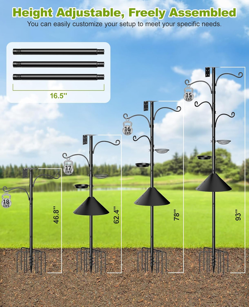 Bird Feeder Pole, 93" Shepherds Hooks Squirrel Proof for Outdoor, Adjustable Hea