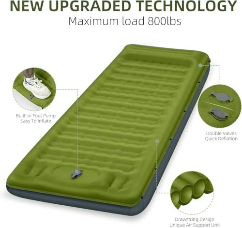 Extra Thick 5" Inflatable Camping Sleeping Pad with Pillow & Foot Pump - Compact