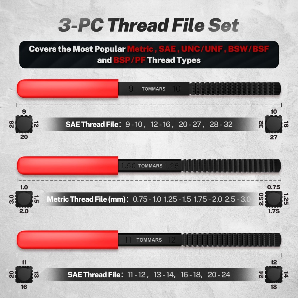 3-Pc Thread File Set, SAE Metric Thread Restorer Files, Thread Chaser Repair...