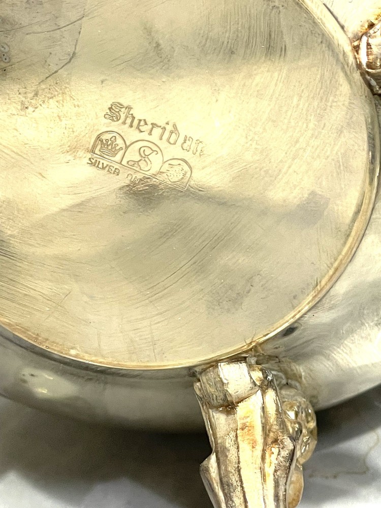 Vintage SHERIDAN SILVER PLATED WATER PITCHER FOOTED Ice Lip Ornate Heavy