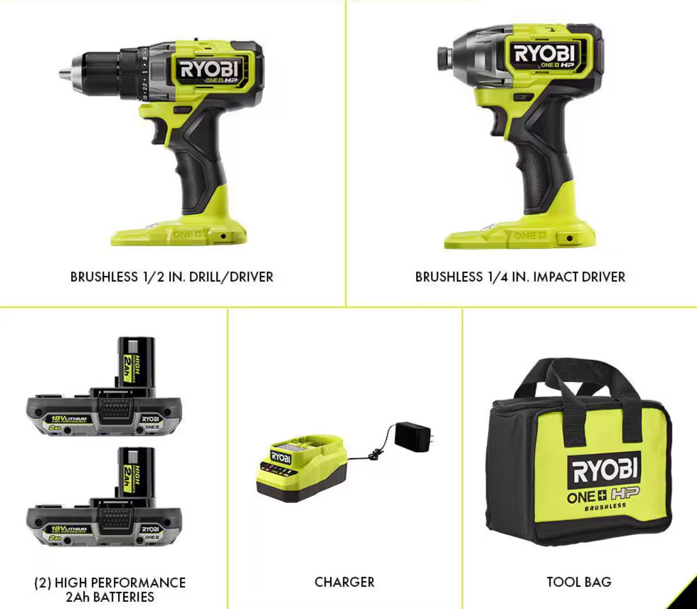 Ryobi PBLCK01K - HP 18V Brushless Cordless Compact 1/2" Drill & Impact Drill Set
