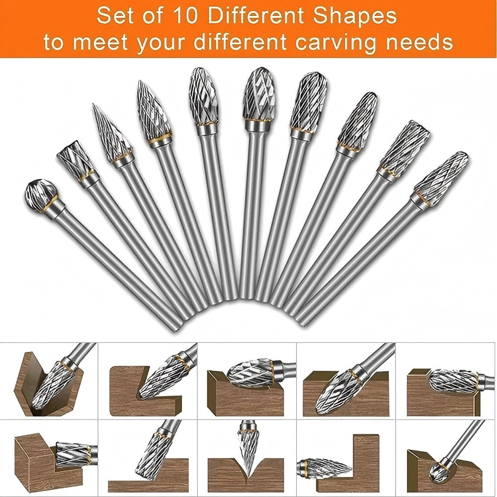Tungsten Carbide Rotary Burr Bit Set 1/8" Cutting Carving Burrs Dremel Tool Kit