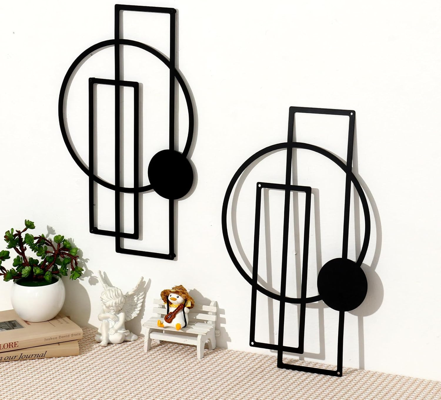 2 Pcs Metal Abstract Wall Art,Modern Geometric Decor (Black, Style 1)