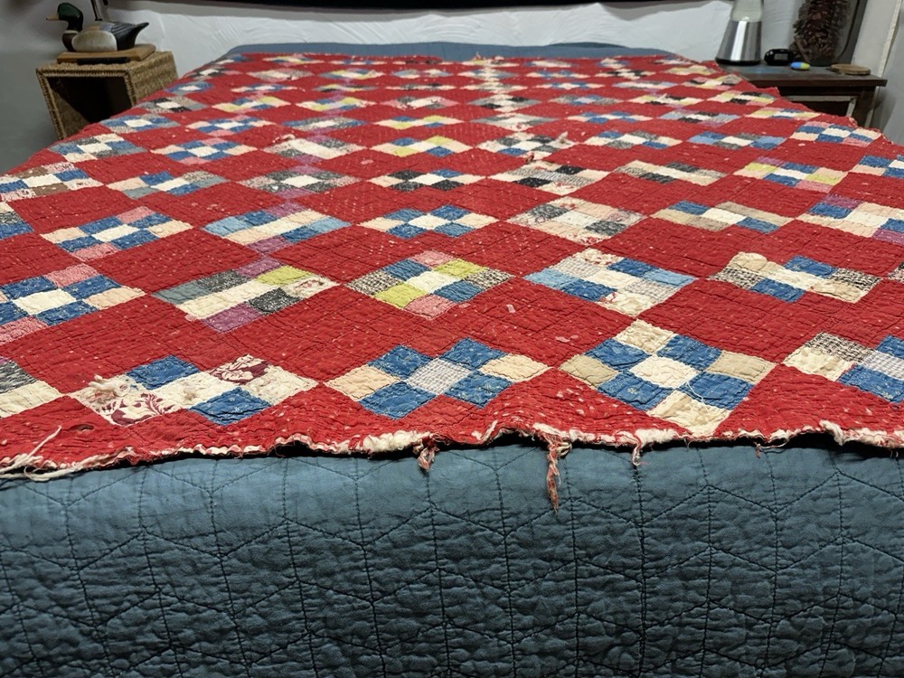 Vtg Nine Patch on Point Quilt Hand Sewn Red Feedsack Patchwork Distressed *Read