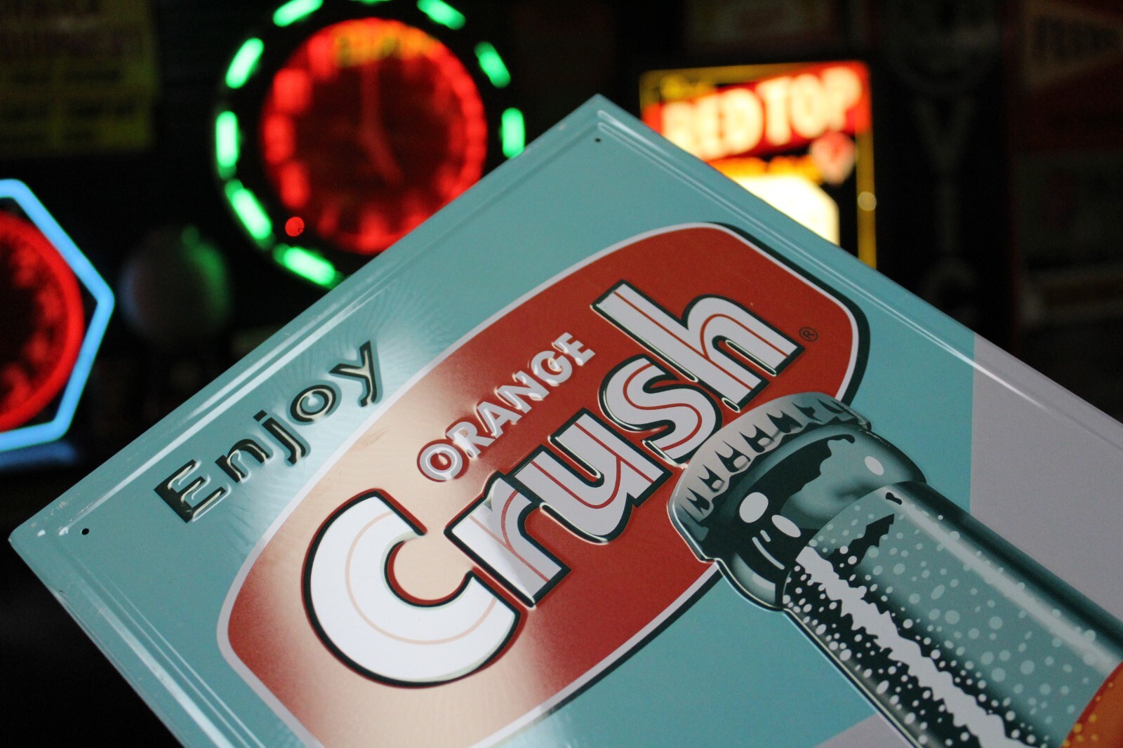 RARE ENJOY ORANGE CRUSH SODA POP VERTICAL EMBOSSED METAL SIGN BOTTLE STORE GAS