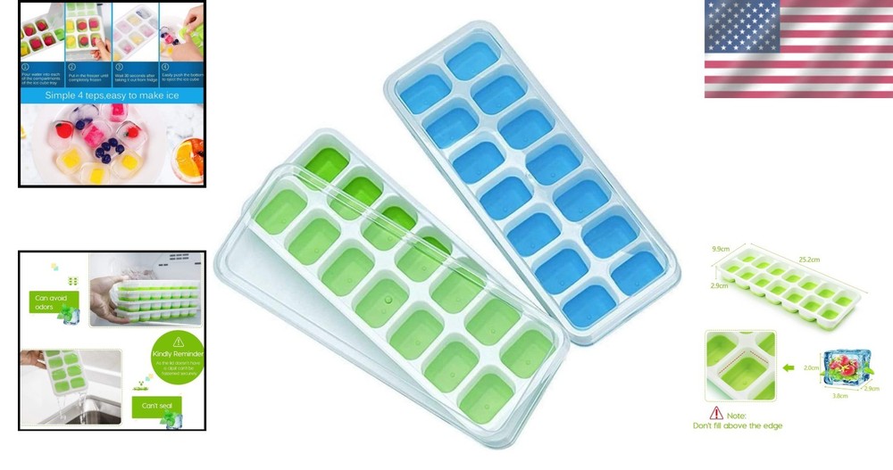 2 Pack Silicone Ice Cube Trays with Removable Lids - Easy Release & Storage