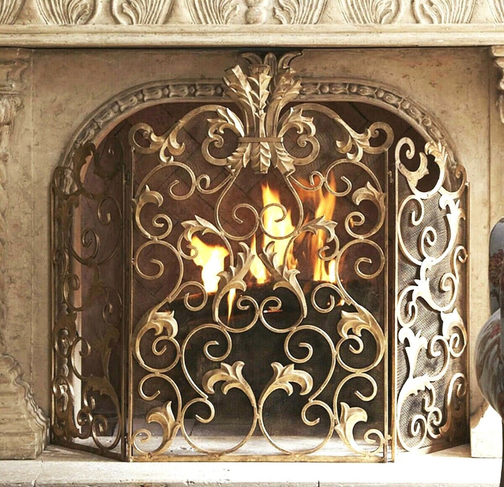 Ornate Gold Acanthus Leaf Firescreen Fireplace Fire Screen Scrolls Mesh Back